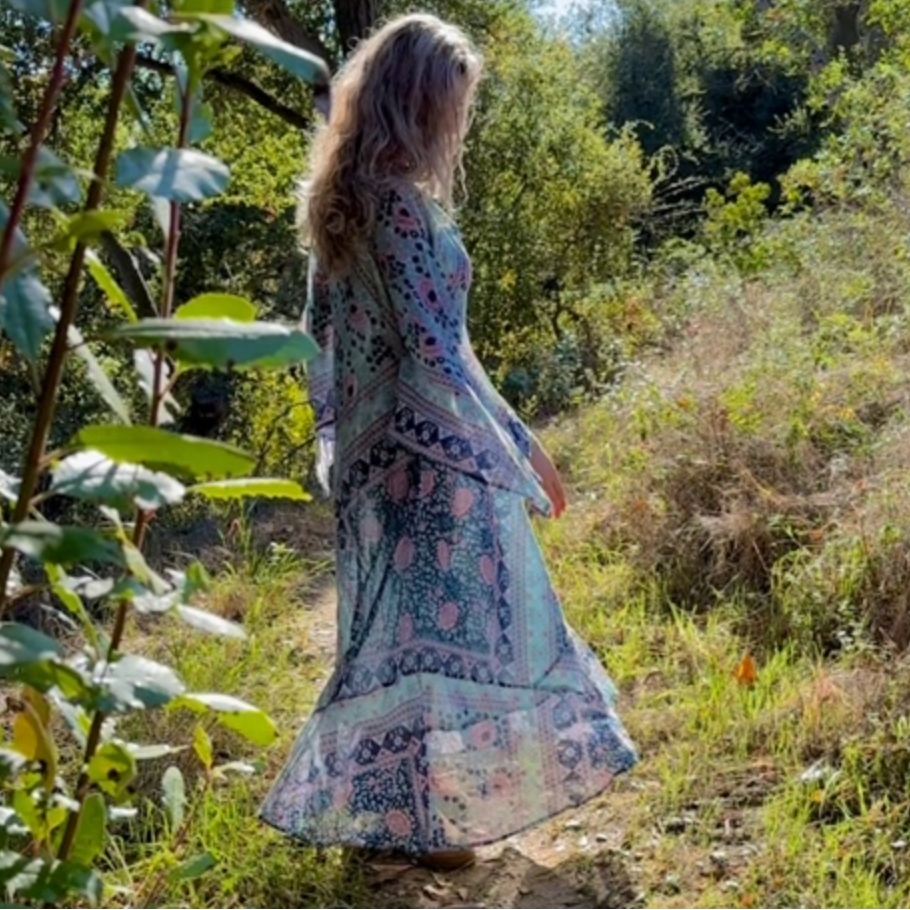 Audrey Printed Maxi Dress Butterfly Sleeves Patchwork Blue