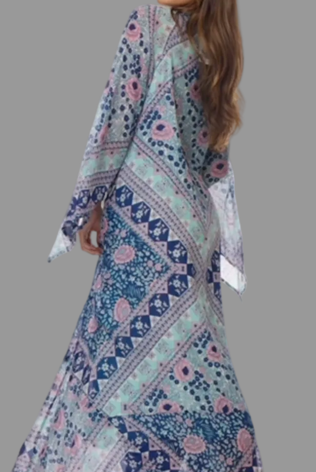 Audrey Printed Maxi Dress Butterfly Sleeves Patchwork Blue