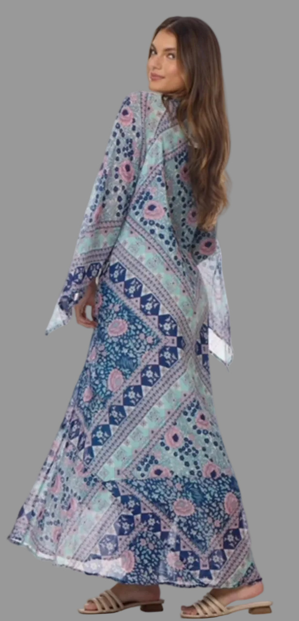 Audrey Printed Maxi Dress Butterfly Sleeves Patchwork Blue