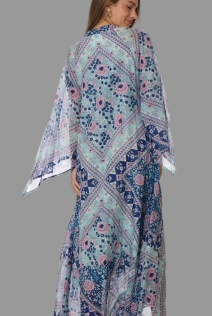 Audrey Printed Maxi Dress Butterfly Sleeves Patchwork Blue