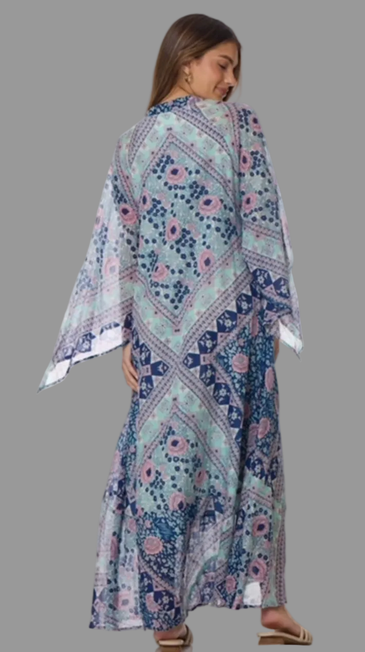 Audrey Printed Maxi Dress Butterfly Sleeves Patchwork Blue