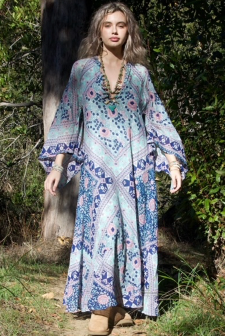 Audrey Maxi Dress Butterfly Sleeves Patchwork Blue