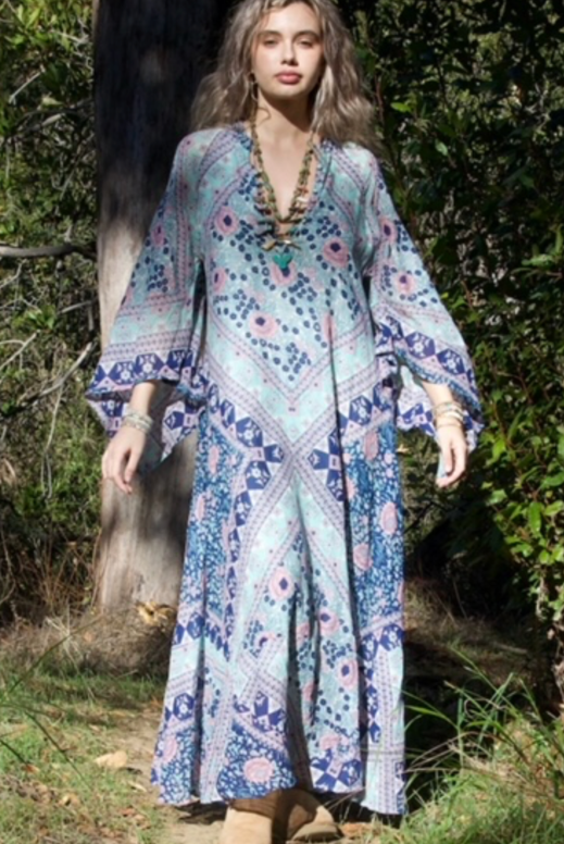 Audrey Printed Maxi Dress Butterfly Sleeves Patchwork Blue