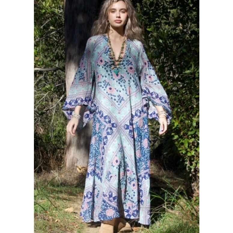 Audrey Printed Maxi Dress Butterfly Sleeves Patchwork Blue