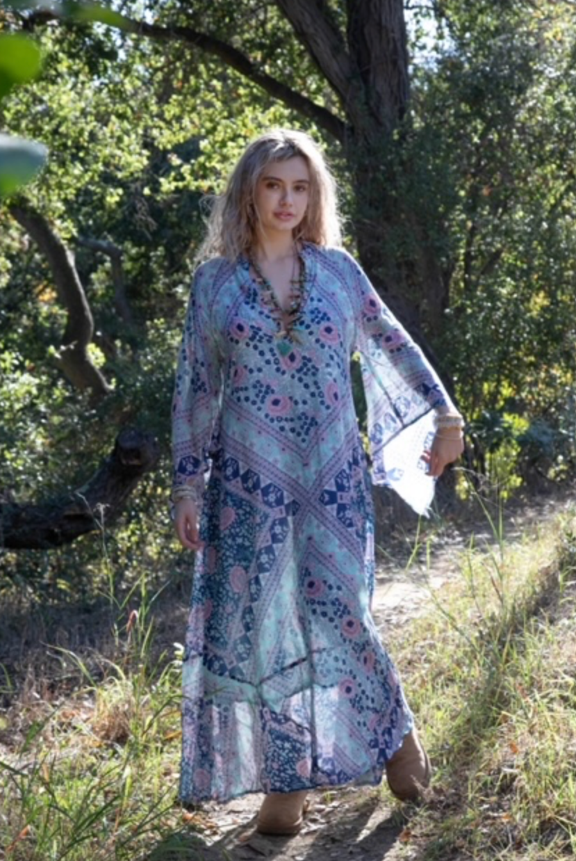 Audrey Maxi Dress Butterfly Sleeves Patchwork Blue