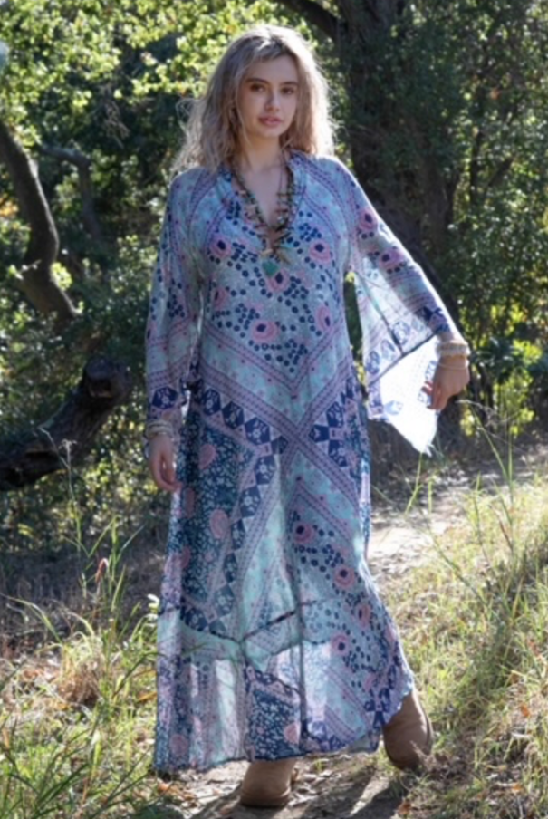 Audrey Printed Maxi Dress Butterfly Sleeves Patchwork Blue