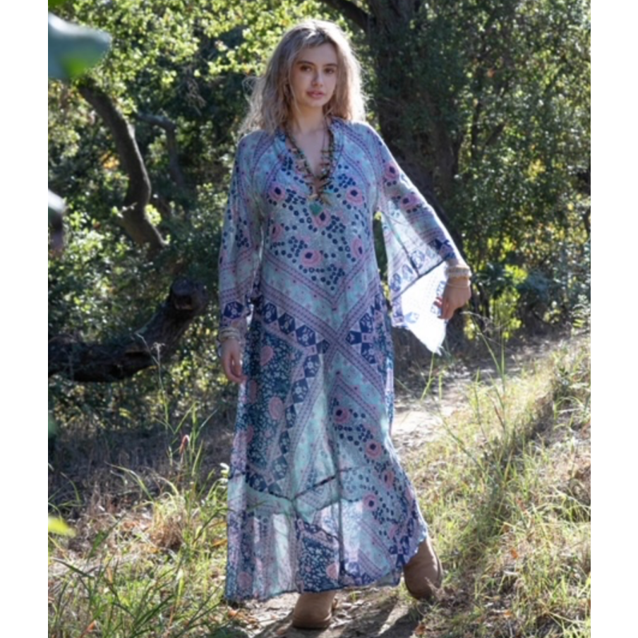 Audrey Printed Maxi Dress Butterfly Sleeves Patchwork Blue