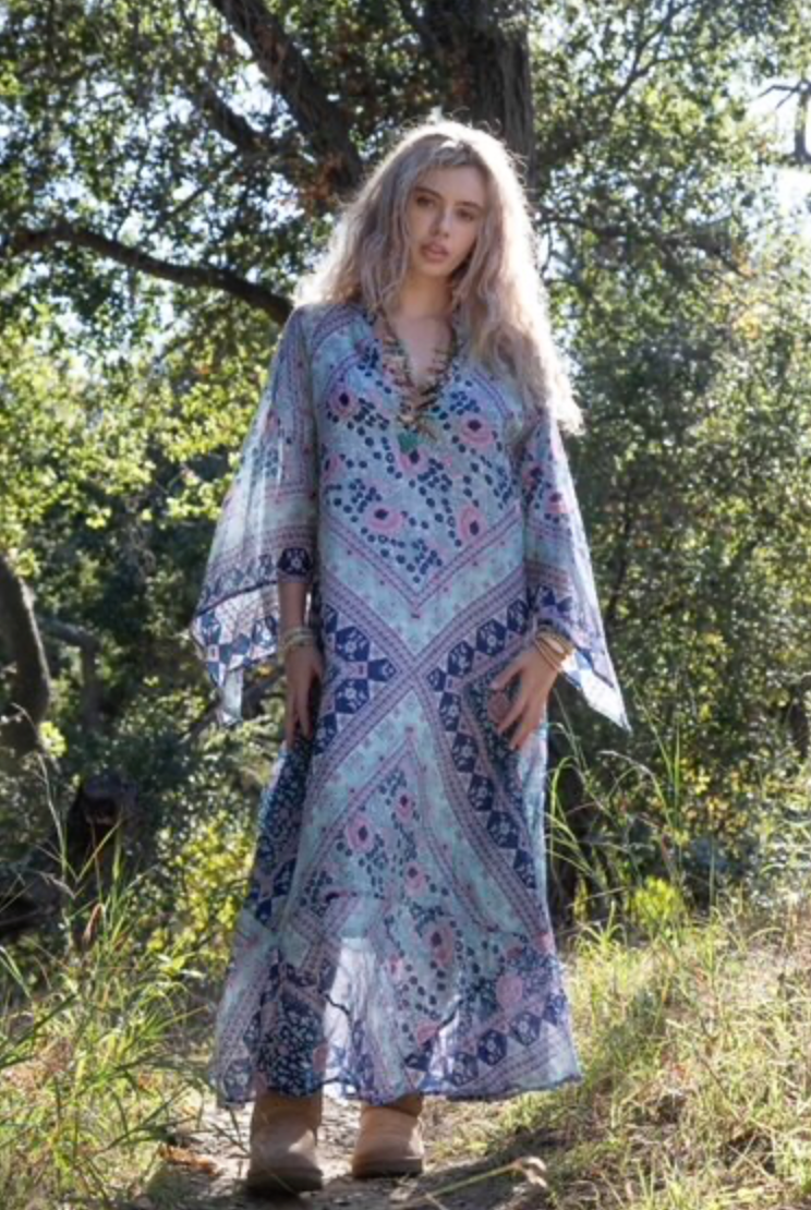Audrey Maxi Dress Butterfly Sleeves Patchwork Blue