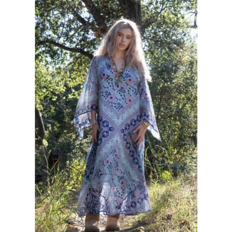 Audrey Printed Maxi Dress Butterfly Sleeves Patchwork Blue