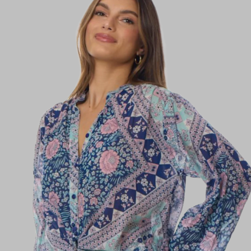 Ginger Printed Blouse Long Sleeves Patchwork Blue
