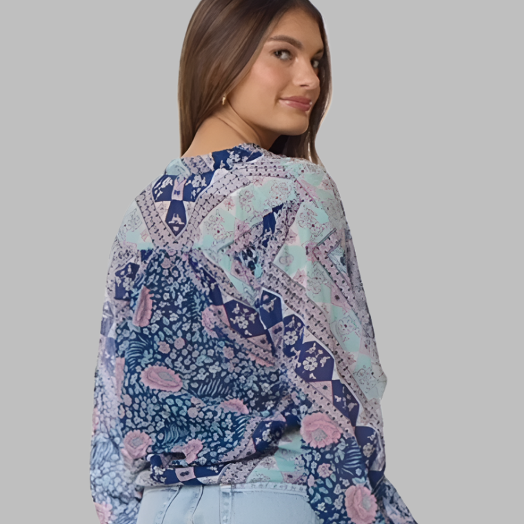 Ginger Printed Blouse Long Sleeves Patchwork Blue