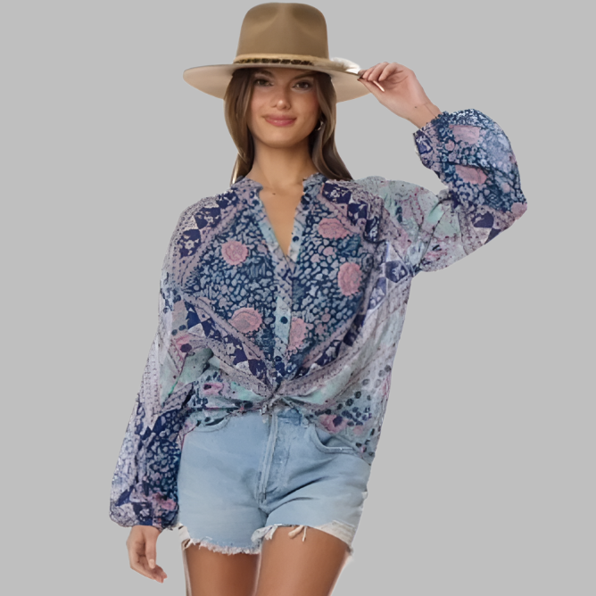 Ginger Printed Blouse Long Sleeves Patchwork Blue