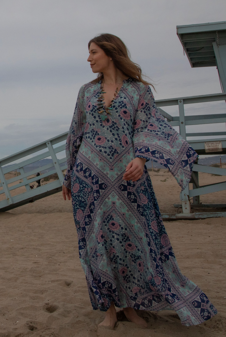 Audrey Maxi Dress Butterfly Sleeves Patchwork Blue