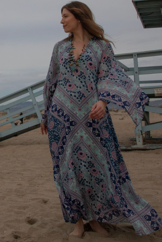 Audrey Printed Maxi Dress Butterfly Sleeves Patchwork Blue