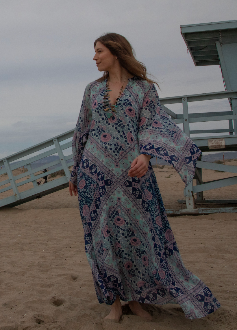 Audrey Maxi Dress Butterfly Sleeves Patchwork Blue