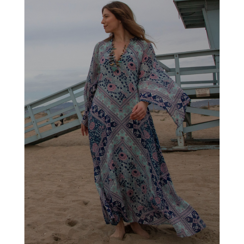 Audrey Printed Maxi Dress Butterfly Sleeves Patchwork Blue