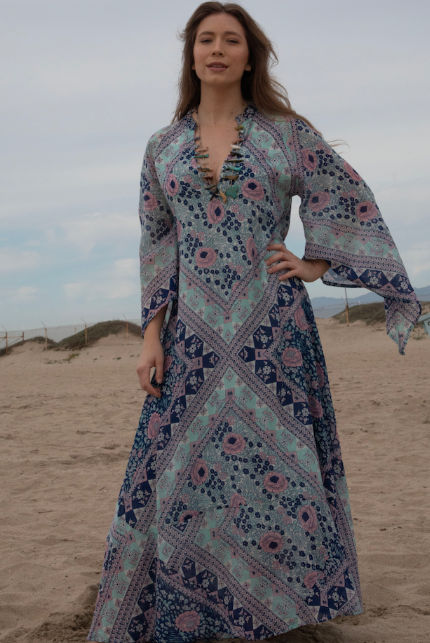 Audrey Printed Maxi Dress Butterfly Sleeves Patchwork Blue
