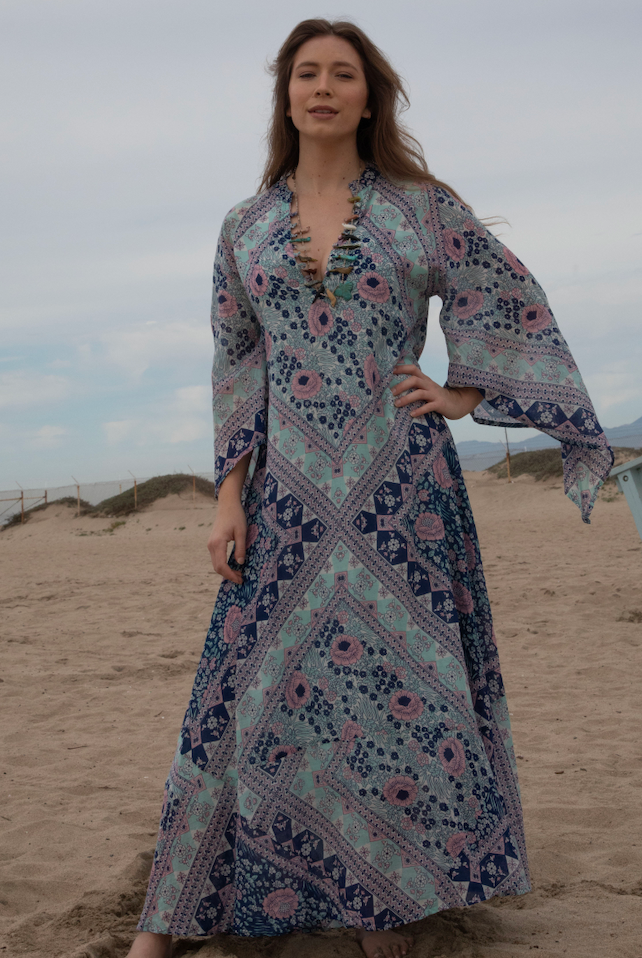 Audrey Maxi Dress Butterfly Sleeves Patchwork Blue