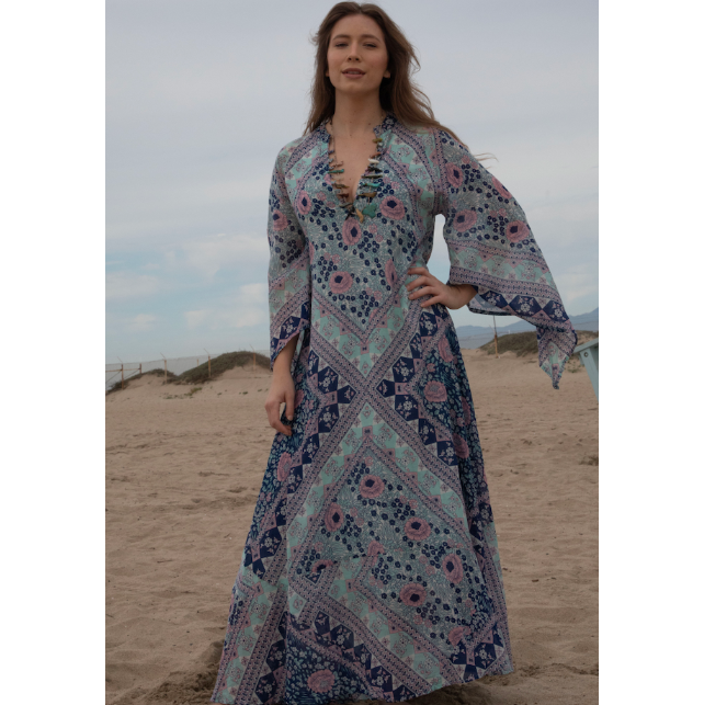 Audrey Printed Maxi Dress Butterfly Sleeves Patchwork Blue