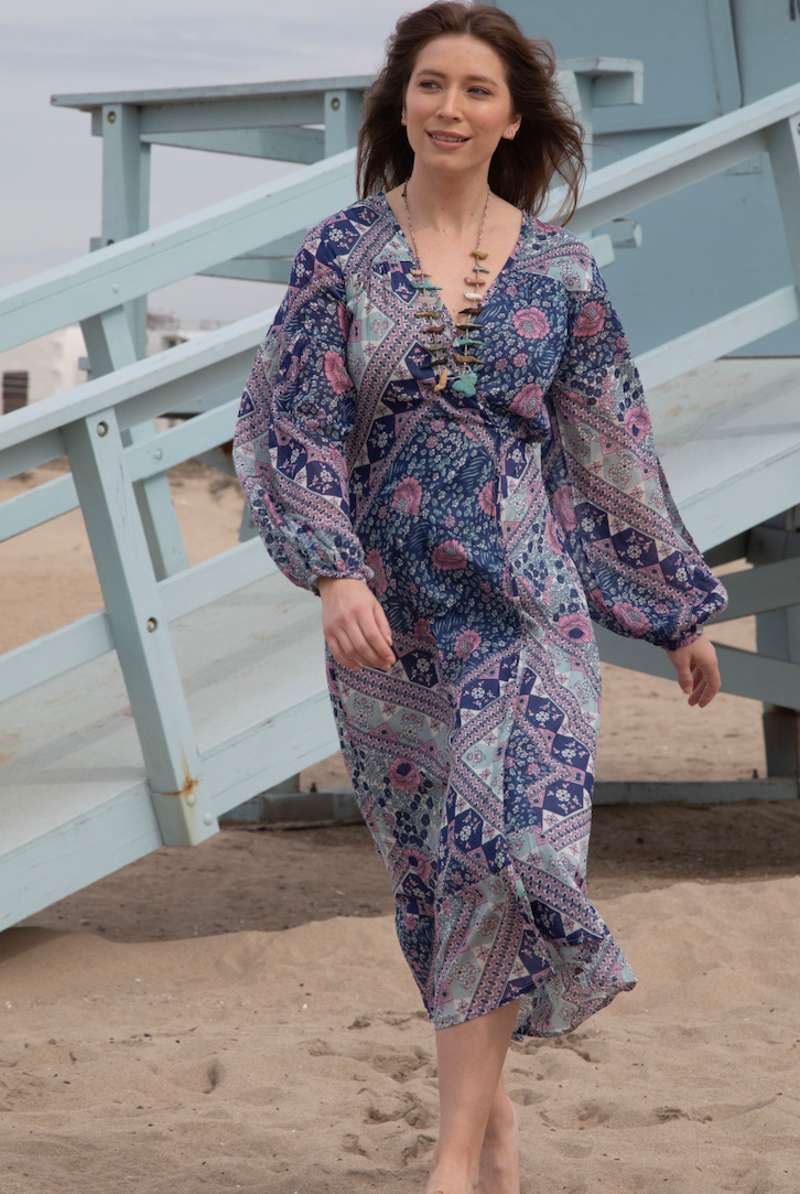 Naomi Printed Maxi Wrap Dress Long Sleeves Blue