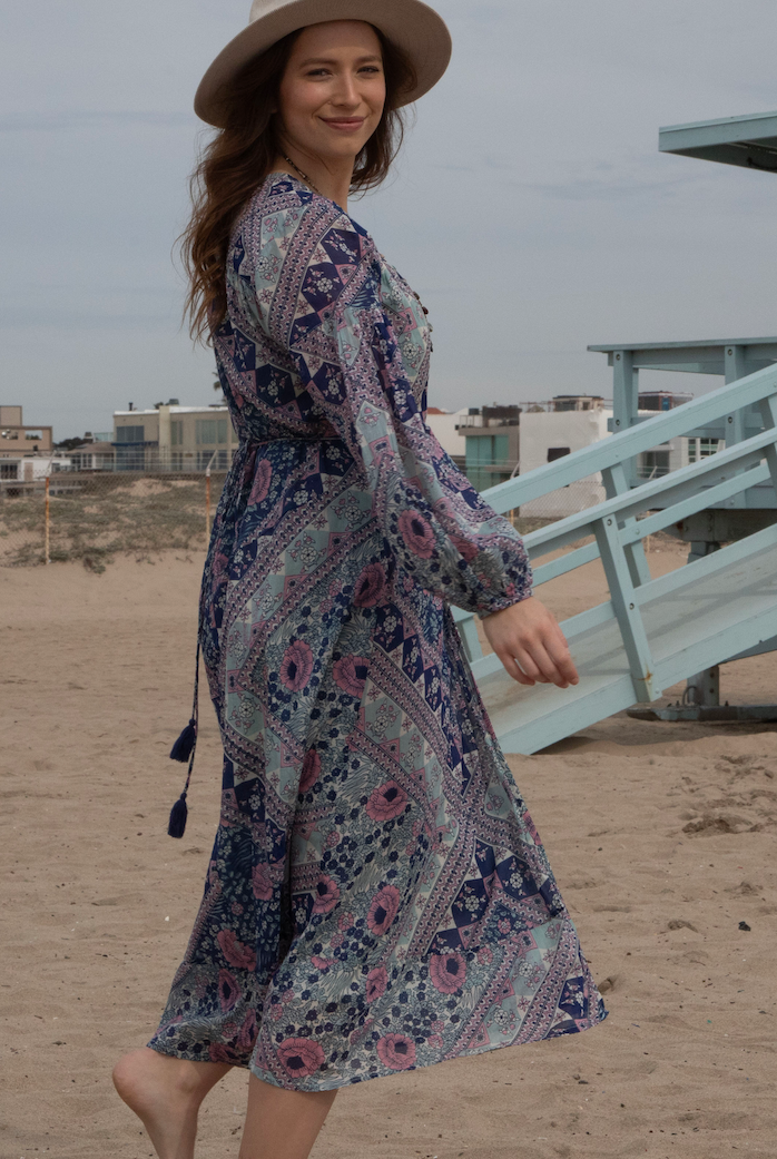 Naomi Printed Maxi Wrap Dress Long Sleeves Blue