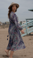 Naomi Printed Maxi Wrap Dress Long Sleeves Blue