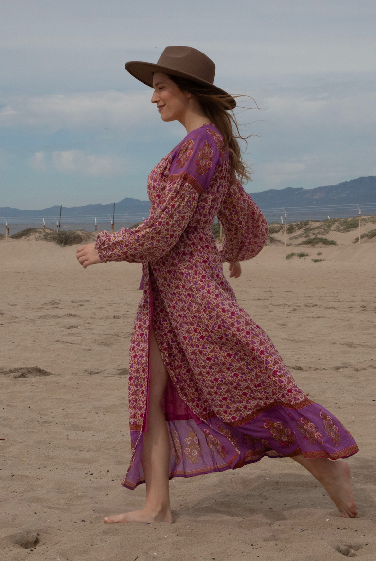 Naomi Printed Maxi Wrap Dress Long Sleeves Pink