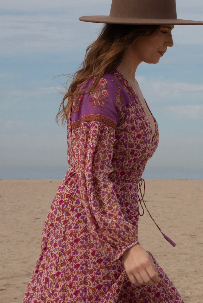 Naomi Printed Maxi Wrap Dress Long Sleeves Pink