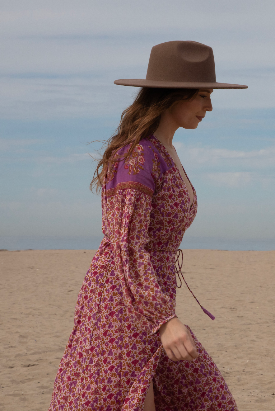 Naomi Printed Maxi Wrap Dress Long Sleeves Pink