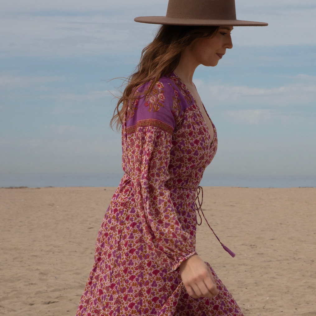 Naomi Printed Maxi Wrap Dress Long Sleeves Pink