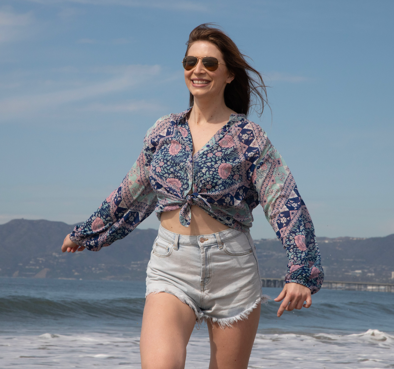 Ginger Printed Blouse Long Sleeves Patchwork Blue