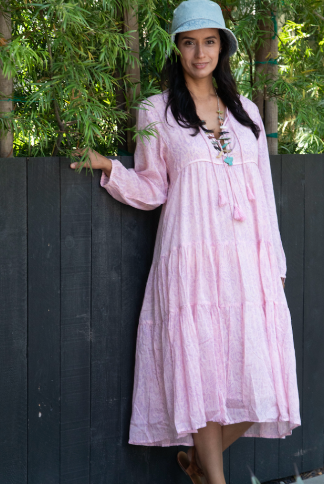 Kayla Printed Long Dress With Tassels Vintage Pink