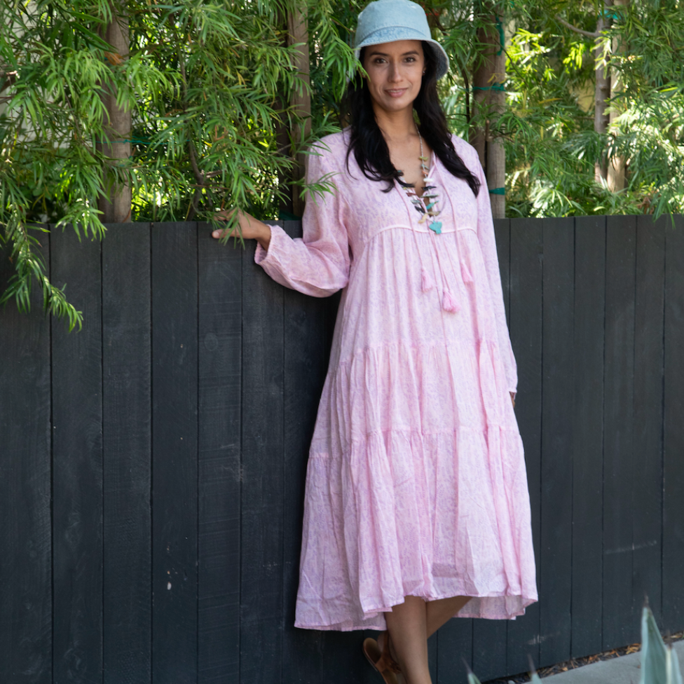 Kayla Printed Long Dress With Tassels Vintage Pink