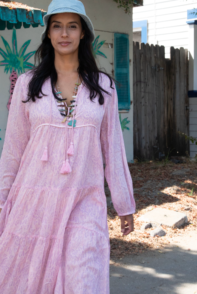 Kayla Printed Long Dress With Tassels Vintage Pink