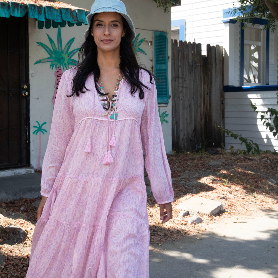 Kayla Printed Long Dress With Tassels Vintage Pink