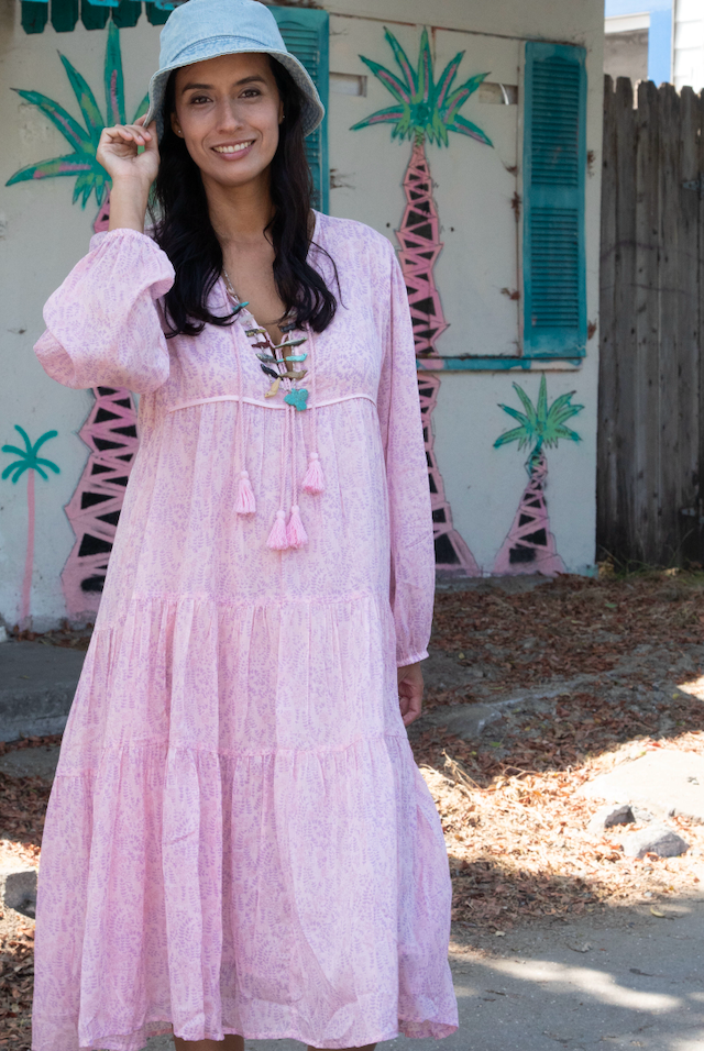 Kayla Printed Long Dress With Tassels Vintage Pink