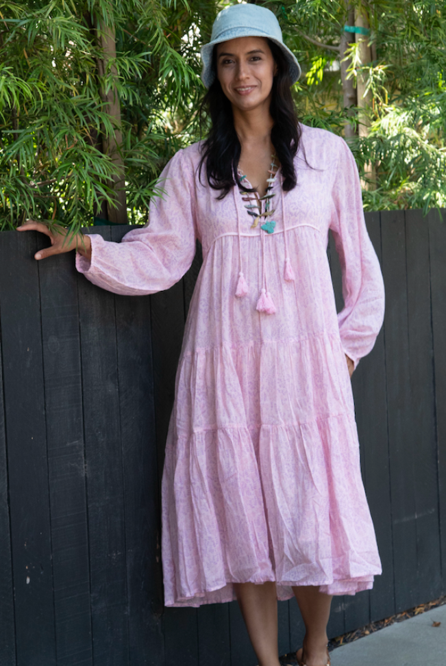 Kayla Printed Long Dress With Tassels Vintage Pink