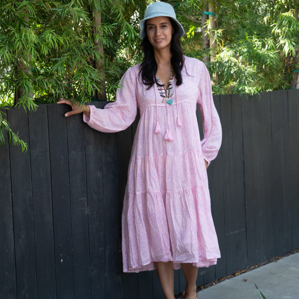Kayla Printed Long Dress With Tassels Vintage Pink