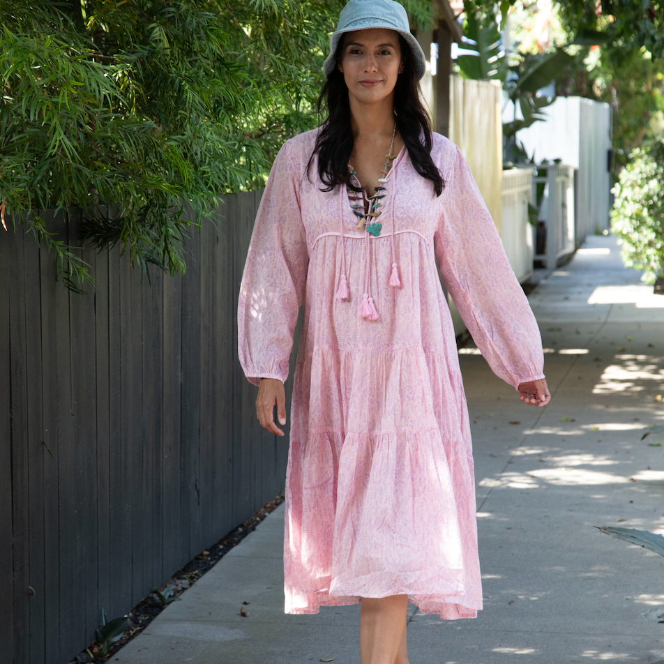 Kayla Printed Long Dress With Tassels Vintage Pink
