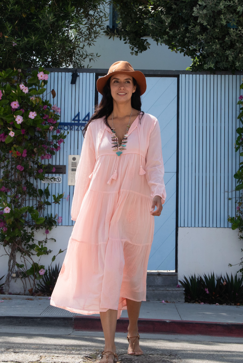 Mylene Hand Embroidered Maxi Dress Long SleevesWith Tassels Peach