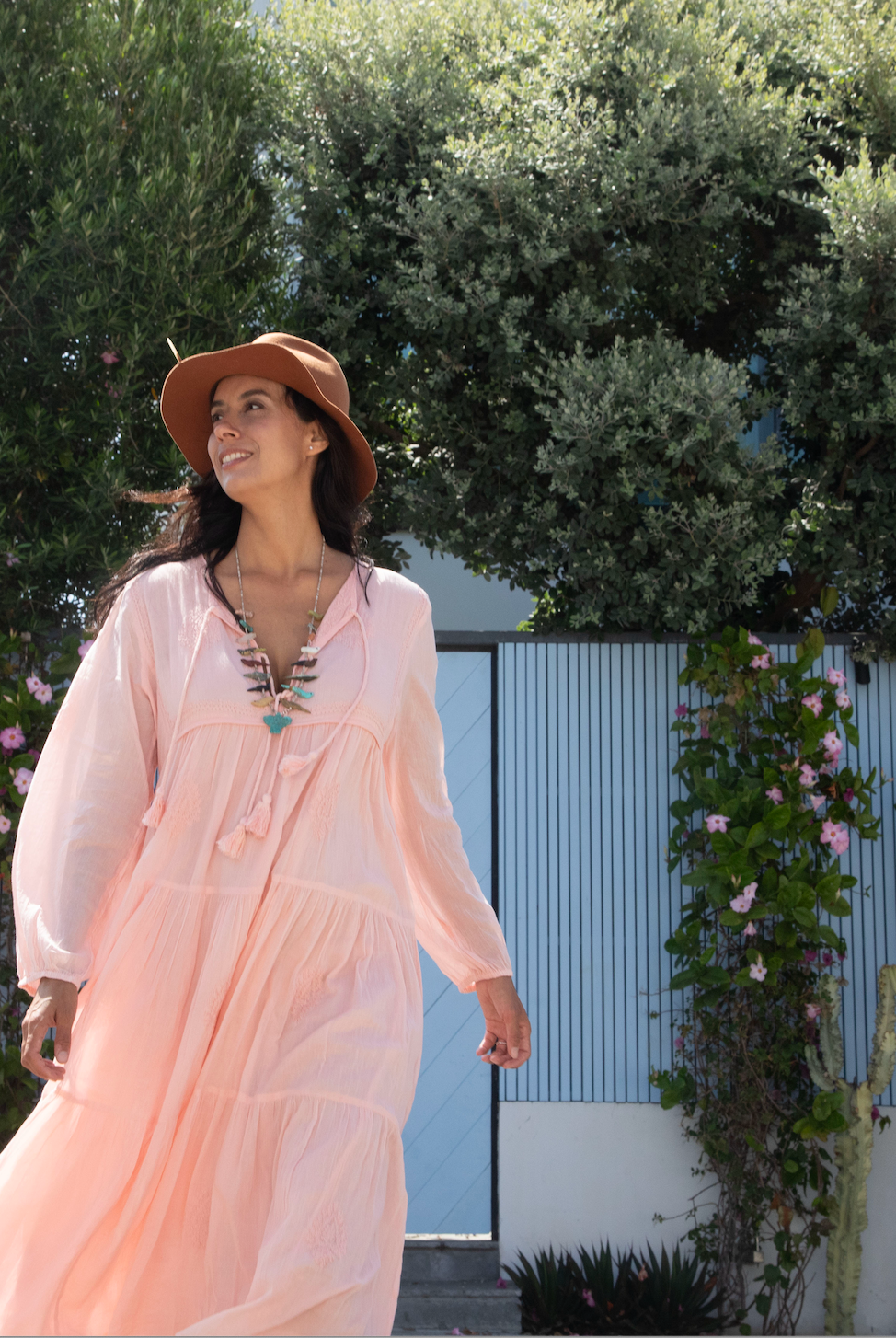 Mylene Hand Embroidered Maxi Dress Long SleevesWith Tassels Peach