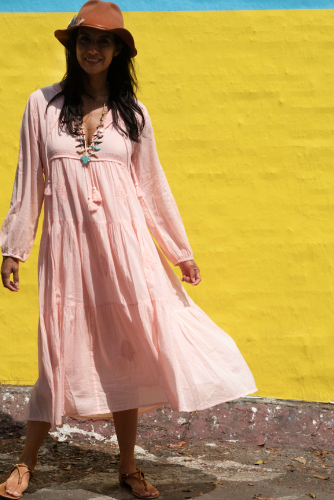 Mylene Hand Embroidered Maxi Dress Long SleevesWith Tassels Peach