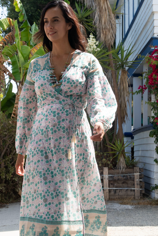 Naomi Printed Wrap Dress Long Sleeves Peach