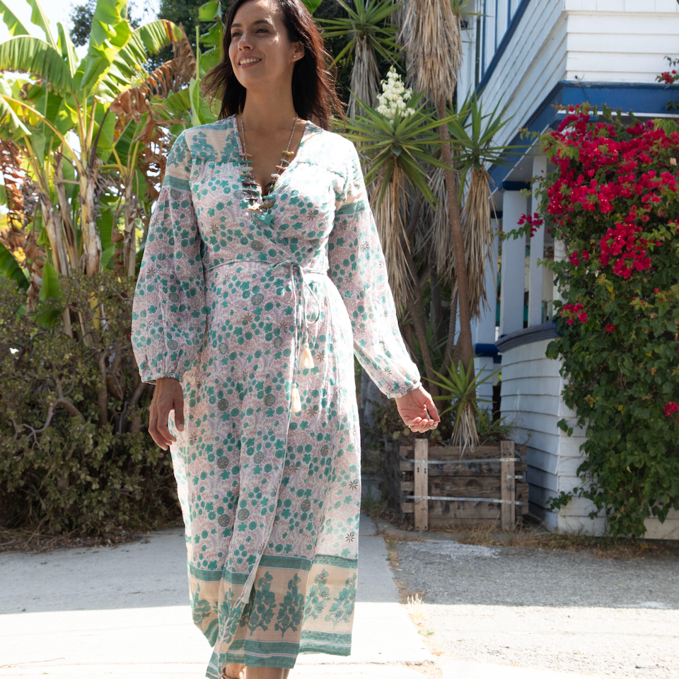 Naomi Printed Wrap Dress Long Sleeves Peach