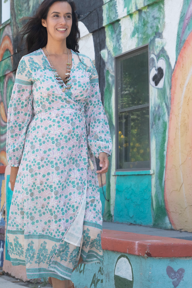 Naomi Printed Wrap Dress Long Sleeves Peach