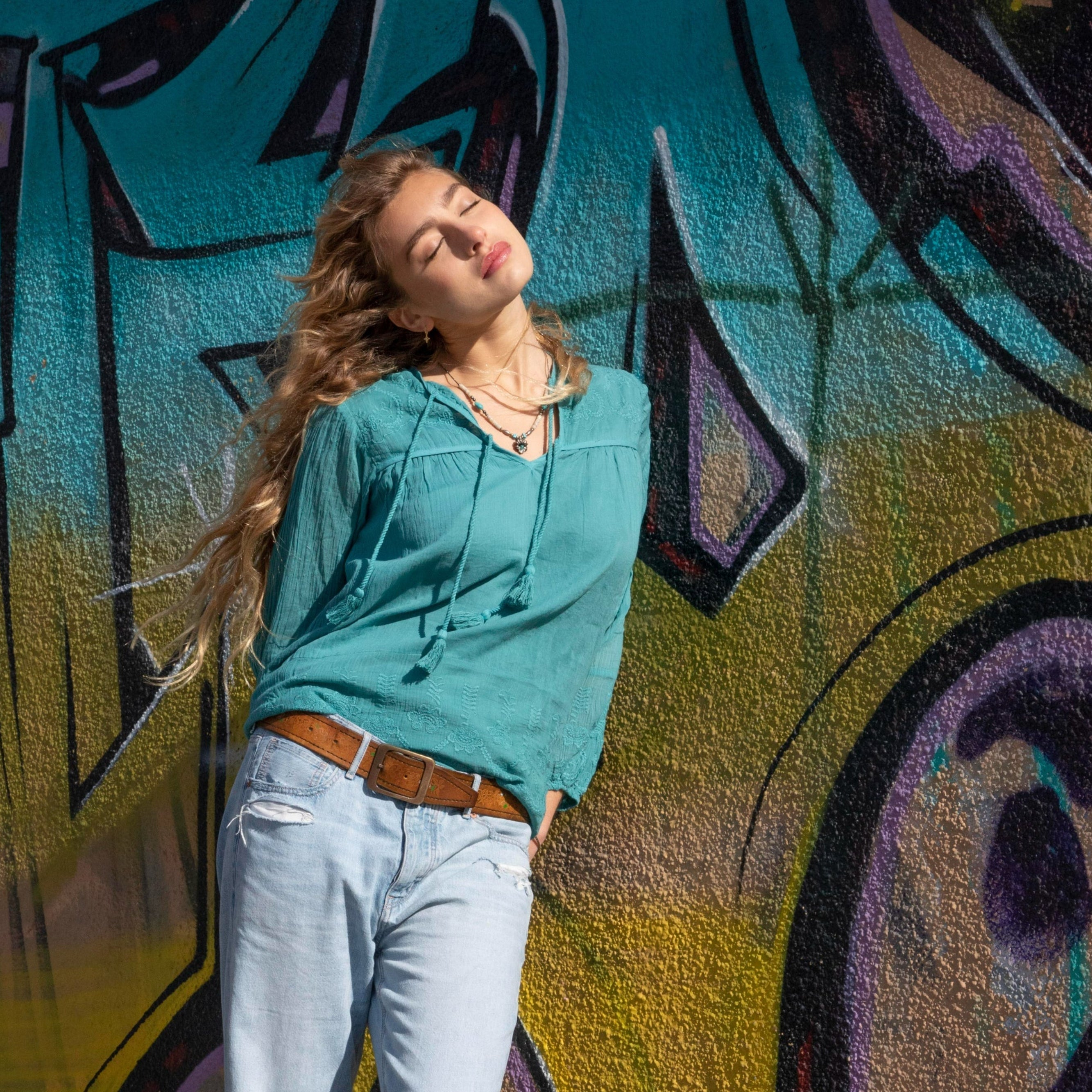Serenity Embroidered Blouse Long Sleeves and Tassels Teal
