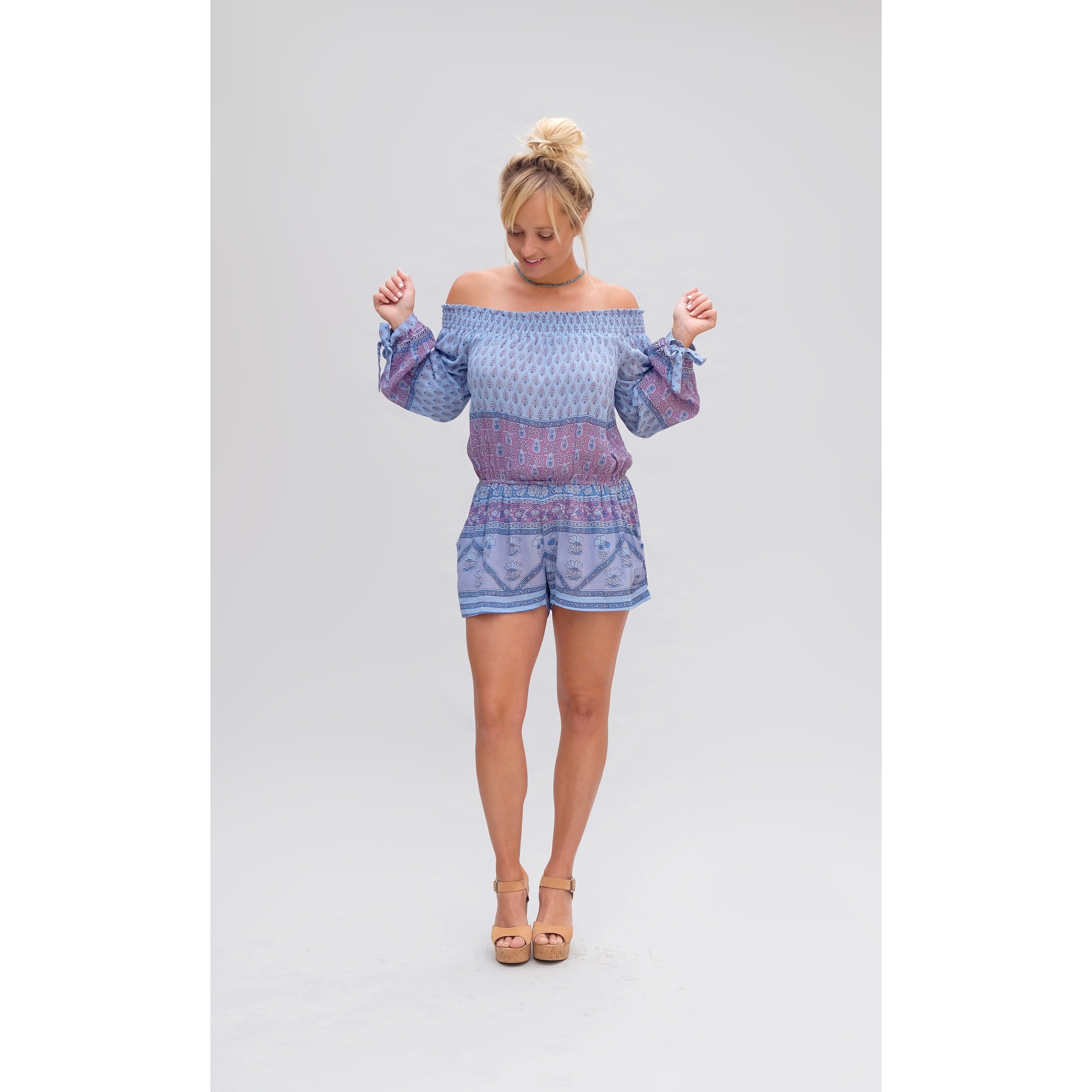 Bella Printed Off Shoulder Romper Blue