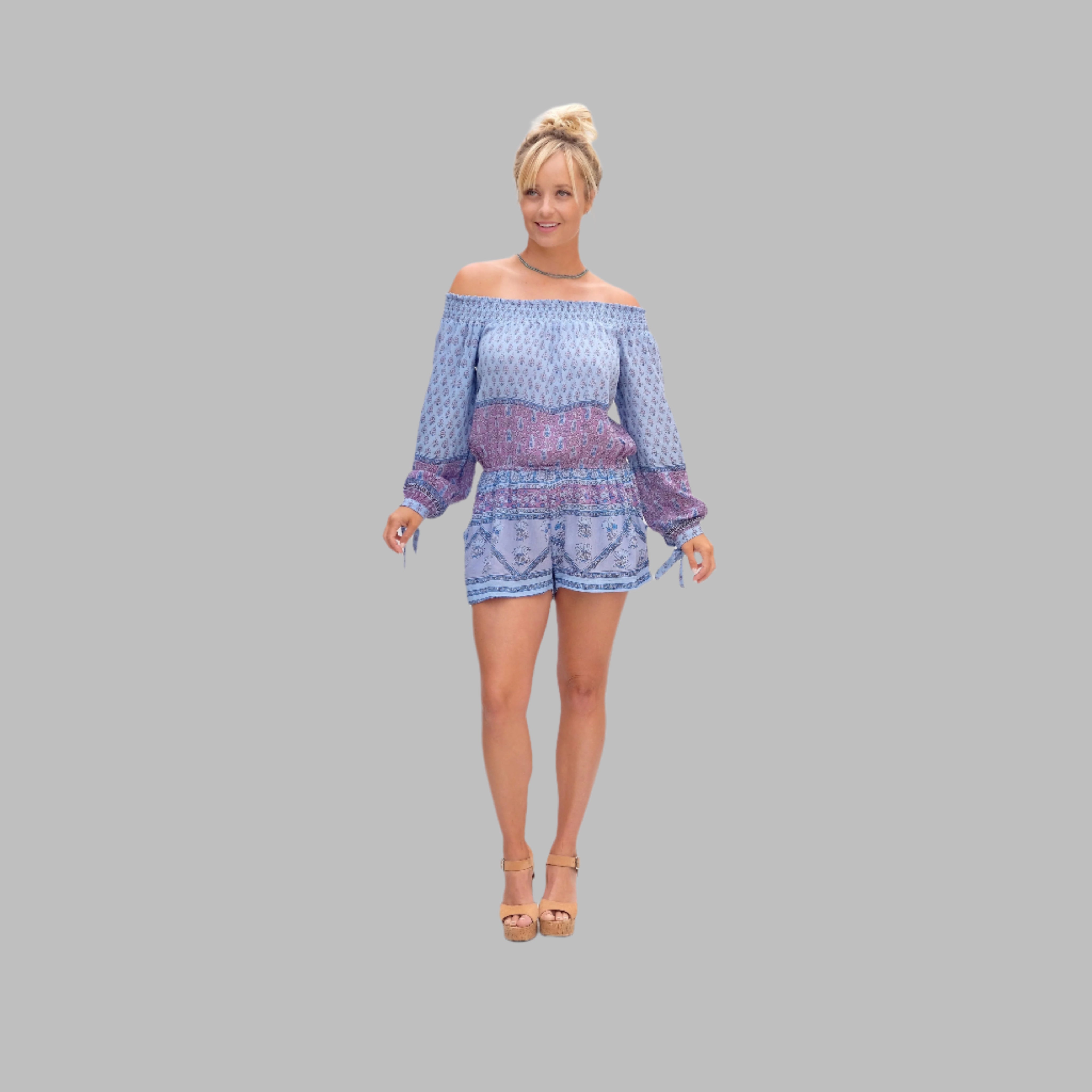 Bella Printed Off Shoulder Romper Blue M L