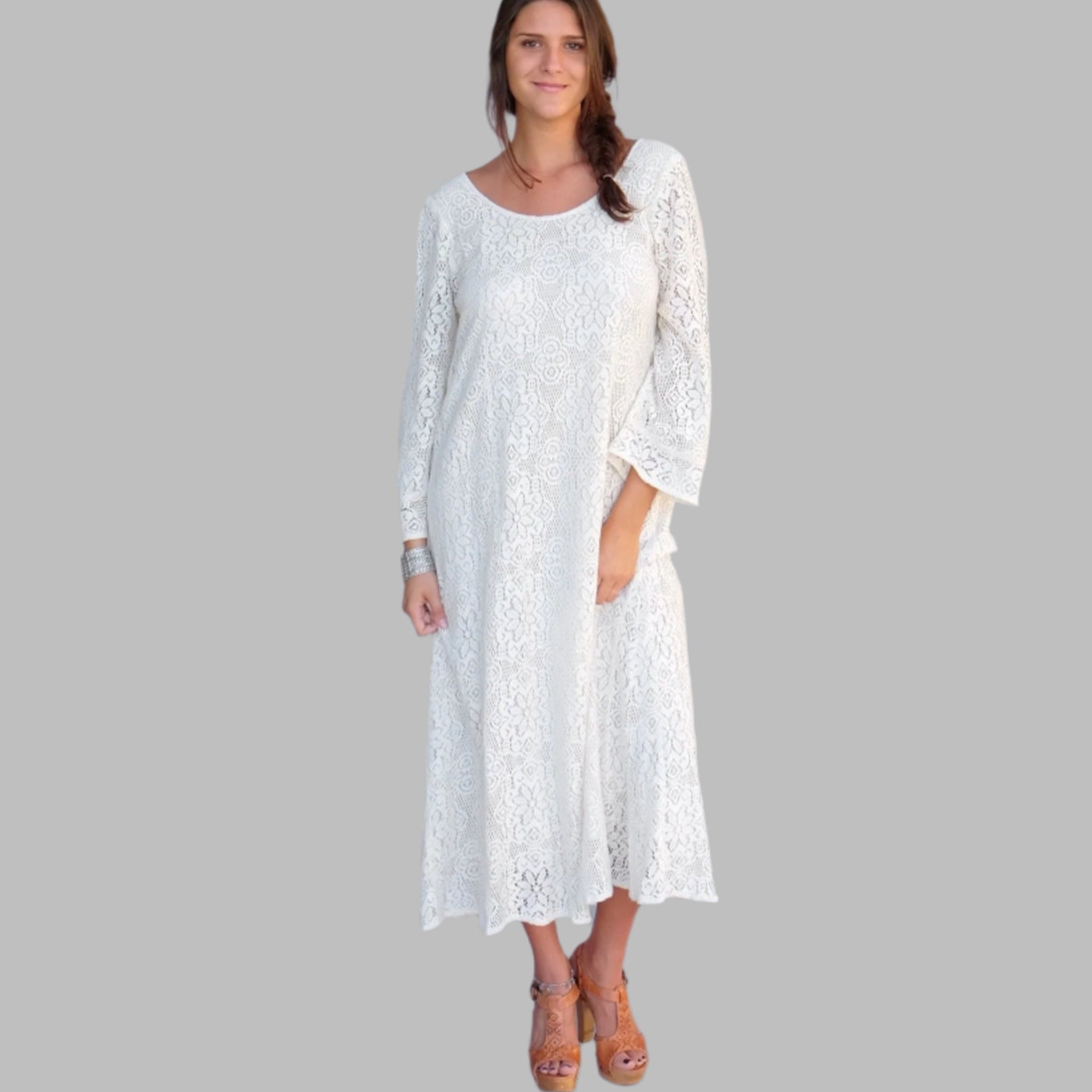 Ibiza Lace Maxi Dress or Duster With Long Sleeves Natural