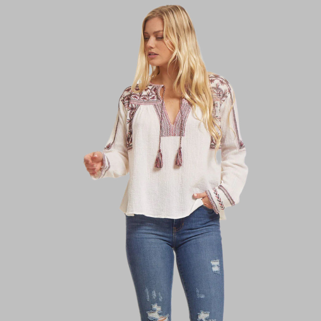 Isabella Embroidered Blouse Natural/ Red